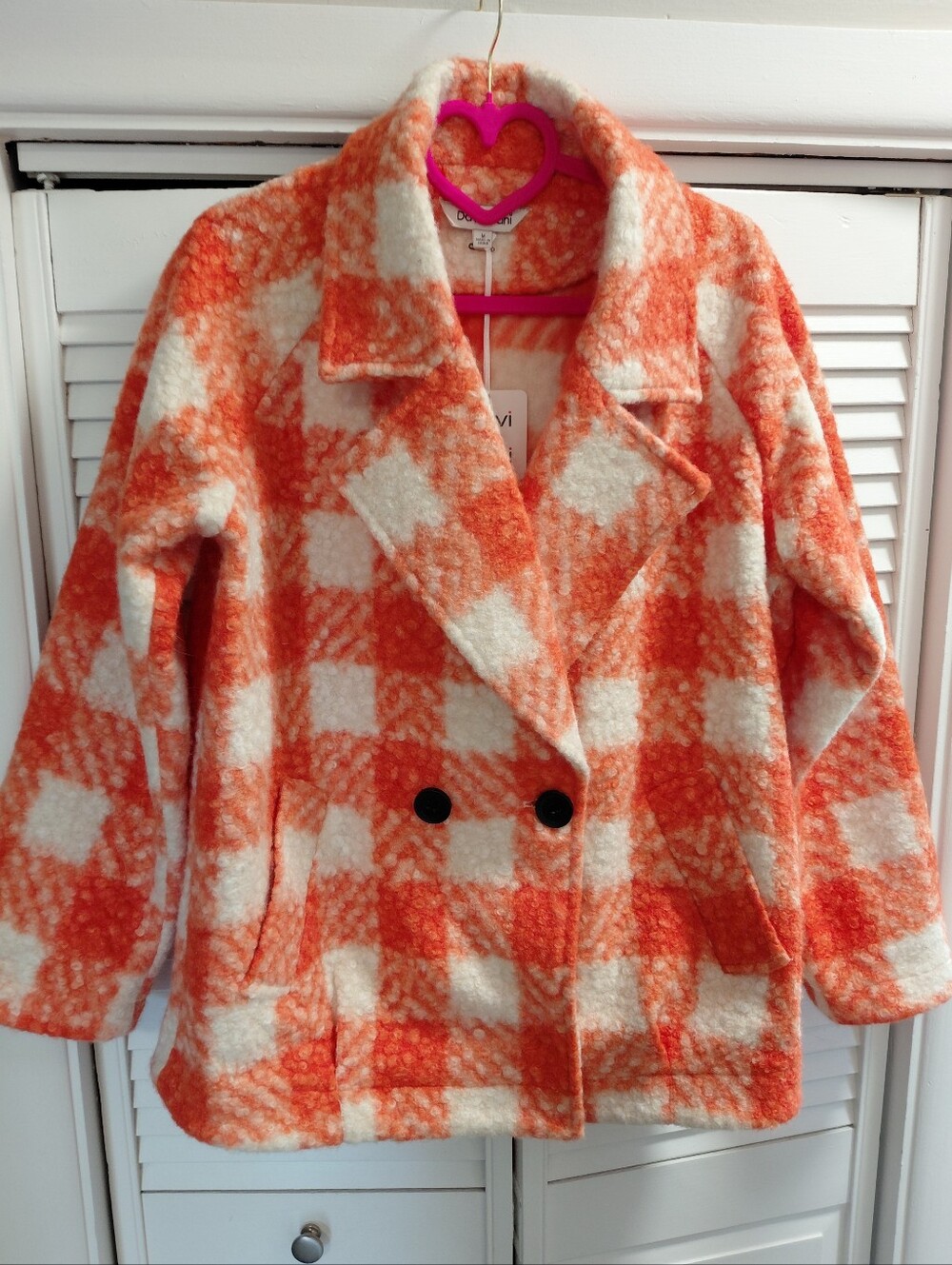 DAVI & DANI Orange and White Plaid Houndstooth Coat Jacket